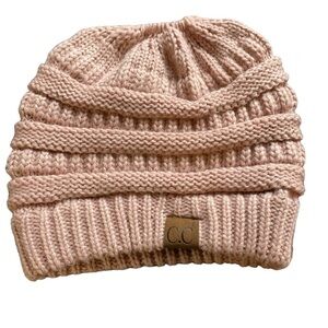 C.C Exclusives Indie Pink Soft Stretch Cable Knit Messy Bun Ponytail Beanie
